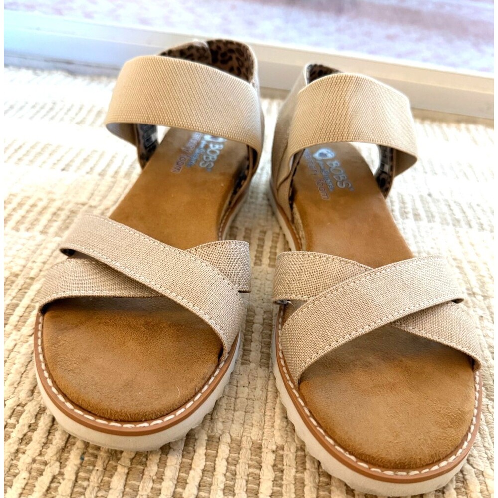 BOBS from Skechers Beige Canvas Cross-Strap Sandals